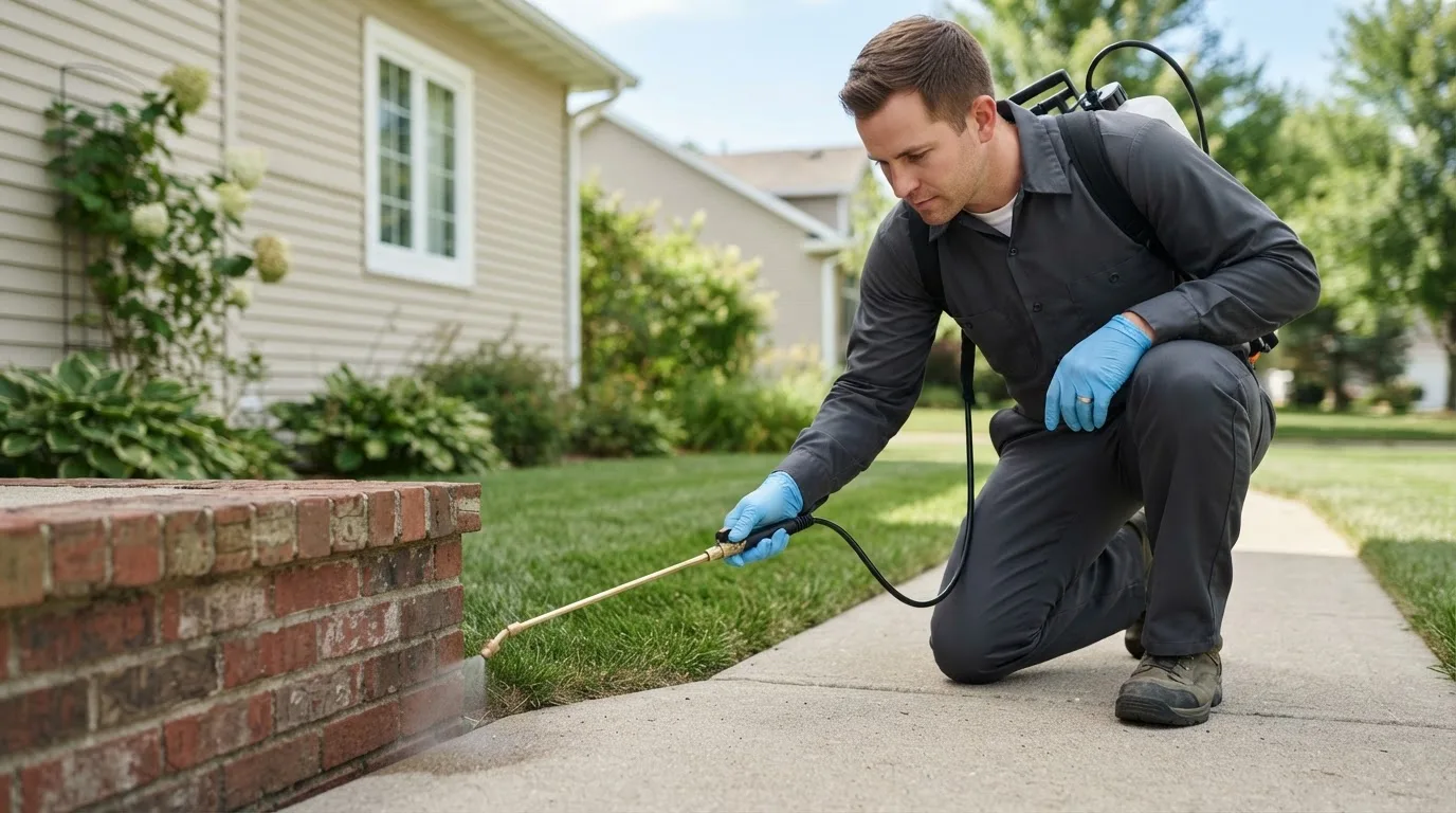 Pest control technician treating a home near Clawson, MI